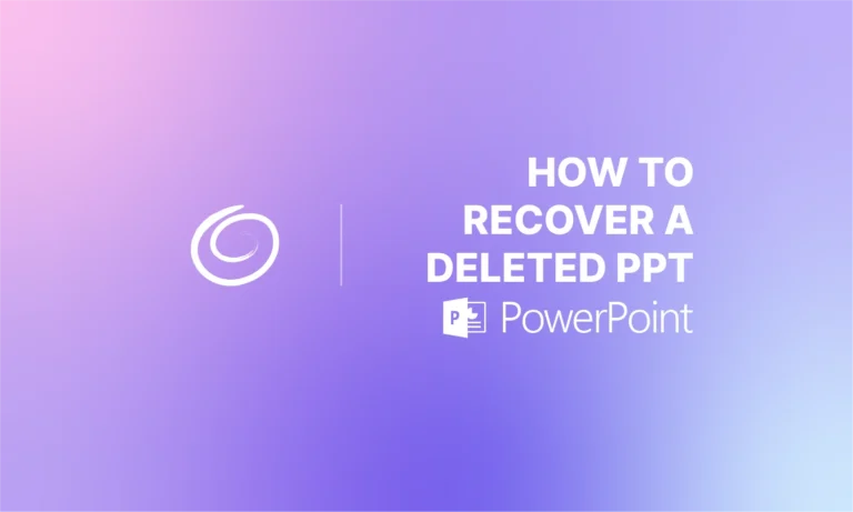 Gradient purple and pink background with white text "How to recover a deleted PPT" and PowerPoint logo.