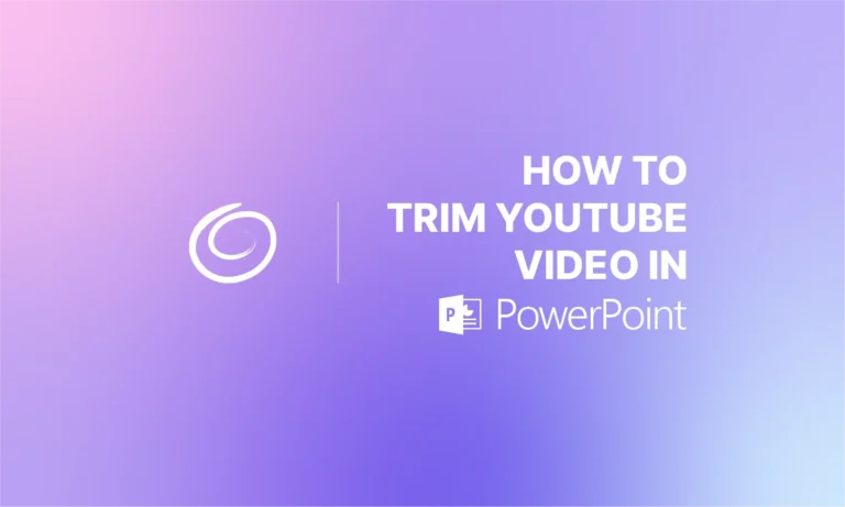 Gradient purple and pink background with text "How to Trim YouTube Video in PowerPoint" and PowerPoint icon.
