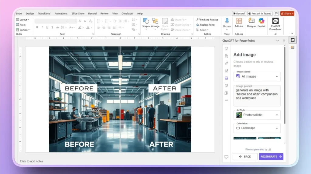 PowerPoint slide showing a photorealistic "before and after" comparison of a modern industrial workplace.
