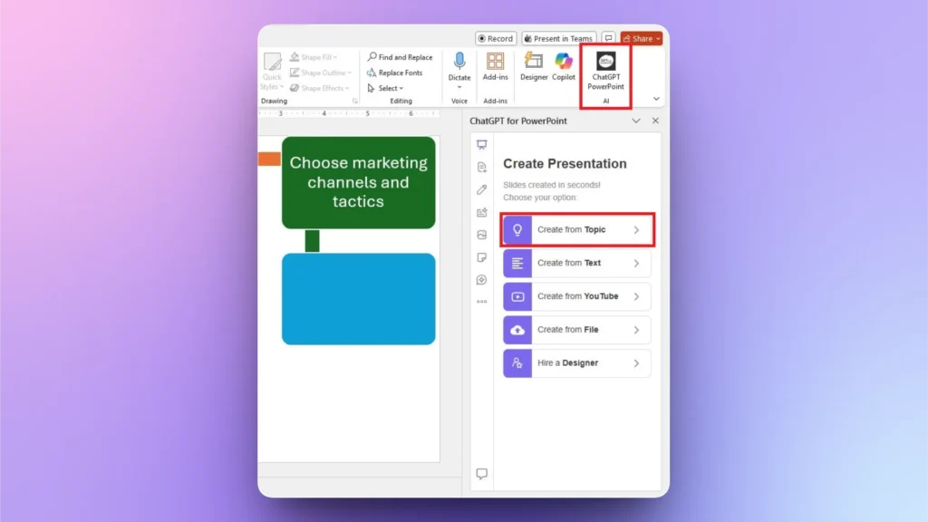 Screenshot of PowerPoint with ChatGPT for PowerPoint AI add-in sidebar, showing options to create presentations from topic, text, YouTube, file, or hire a designer.