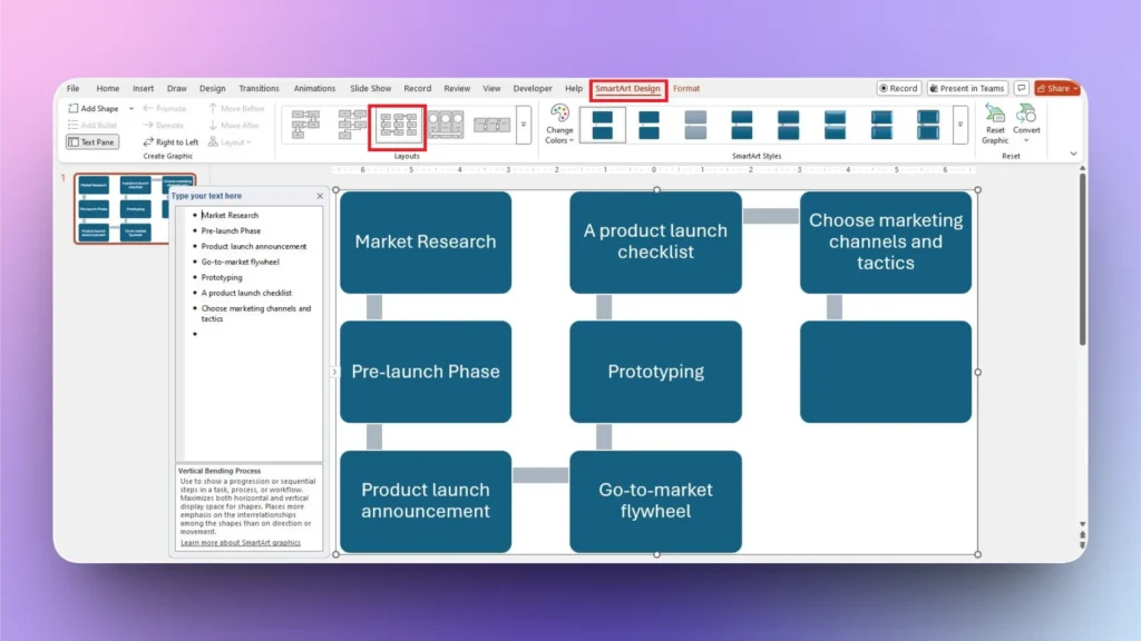 Screenshot of a PowerPoint SmartArt design showing a vertical bending process flowchart with blue rectangular text boxes.