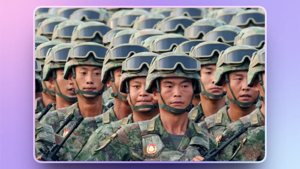 Group of soldiers in camouflage uniforms and helmets standing in formation with rifles.