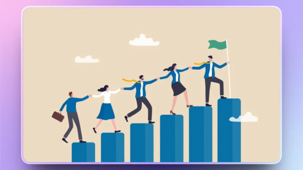 Illustration of five business professionals climbing ascending blue bars, holding hands, with one holding a green flag.