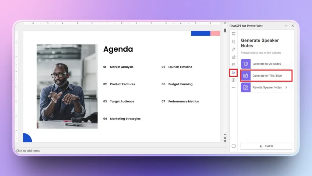 Screenshot of a PowerPoint slide titled "Agenda" with a man speaking and ChatGPT for PowerPoint sidebar open.