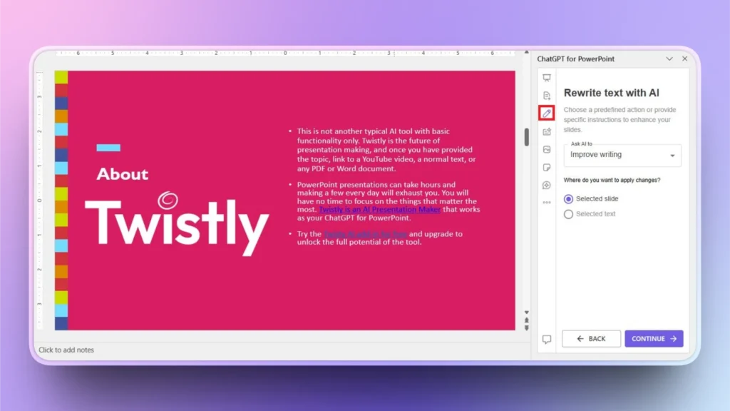 PowerPoint slide titled "About Twistly" with red background and ChatGPT for PowerPoint sidebar.