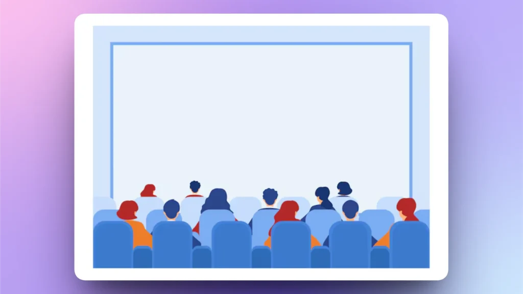 Illustration of an audience seated in blue chairs facing a blank presentation screen in a conference room.