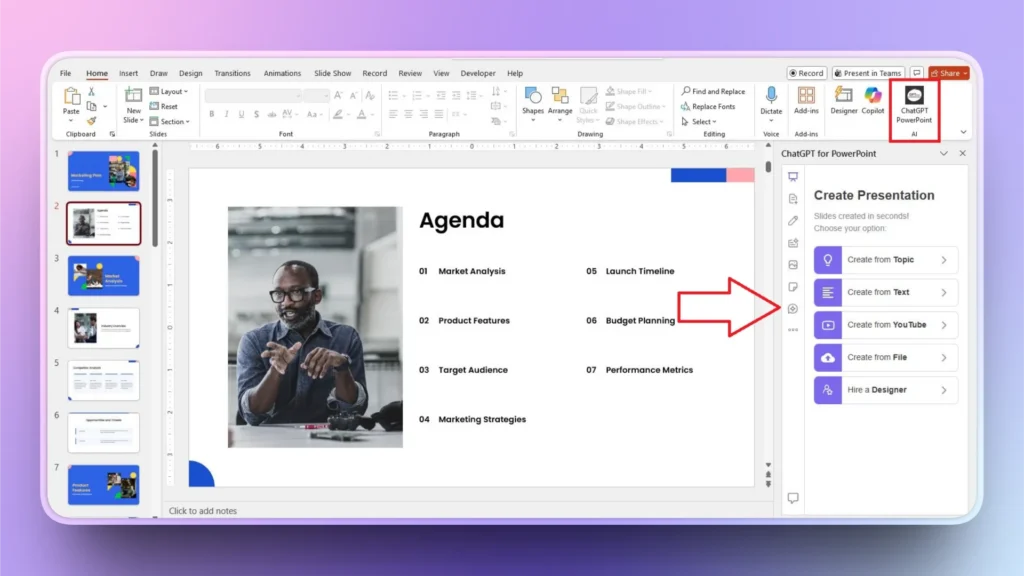 Screenshot of a PowerPoint presentation editing interface with an agenda slide and ChatGPT for PowerPoint sidebar.