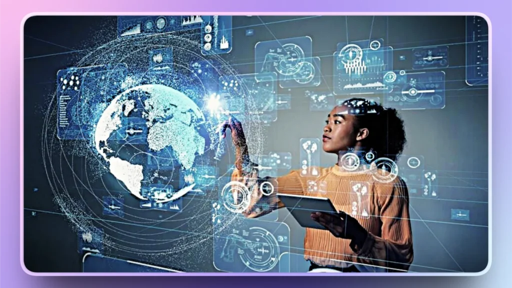 Professional woman interacting with digital holographic globe and data interfaces, holding tablet.