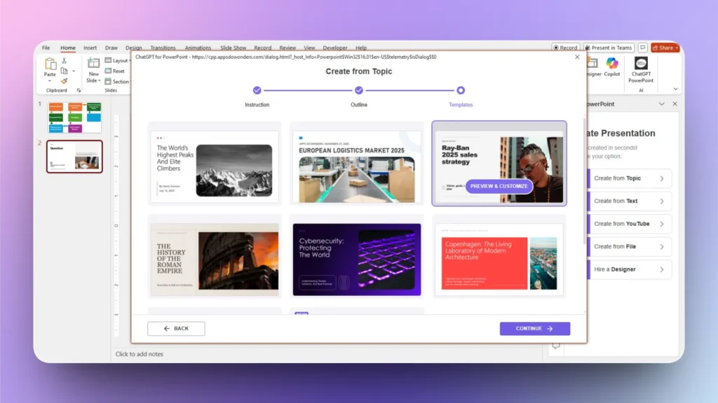 PowerPoint interface displaying ChatGPT plugin with presentation templates and customization options.