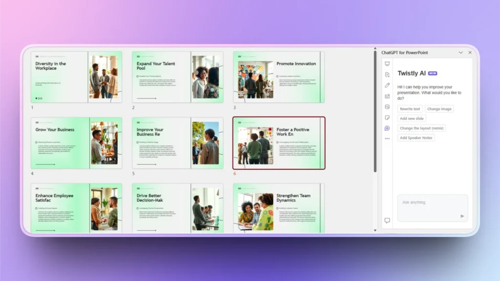 PowerPoint presentation overview on diversity and business growth with professional images and green gradient backgrounds.