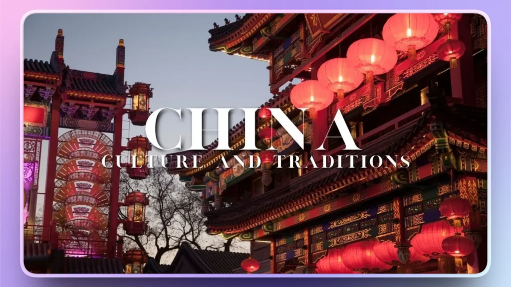 Traditional Chinese architecture adorned with illuminated red lanterns at dusk, text overlay "CHINA CULTURE AND TRADITIONS.