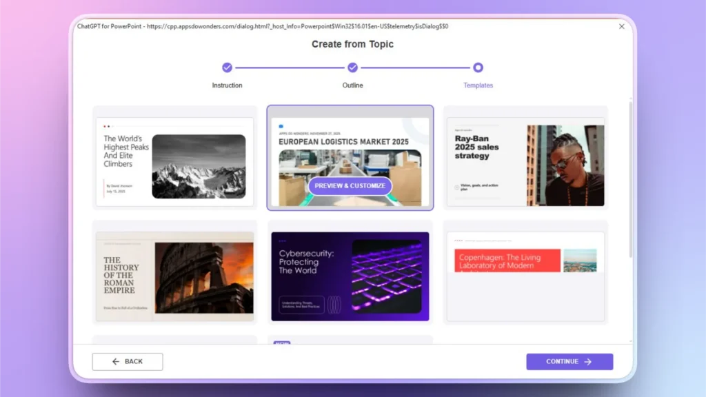 Screenshot of a PowerPoint template selection interface with various presentation topics displayed.