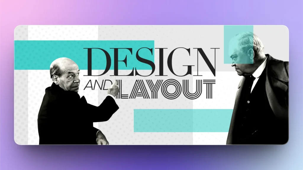 Black and white portraits of two men with text "Design and Layout" on a geometric blue and gray background.
