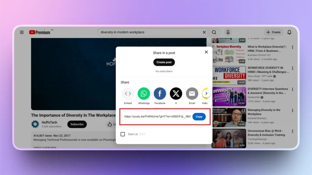 YouTube video sharing interface displaying a diversity in the workplace video link and sharing options.
