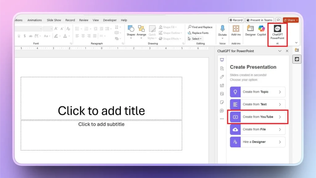 Screenshot of PowerPoint interface with ChatGPT PowerPoint AI add-in panel highlighting "Create from YouTube" option.