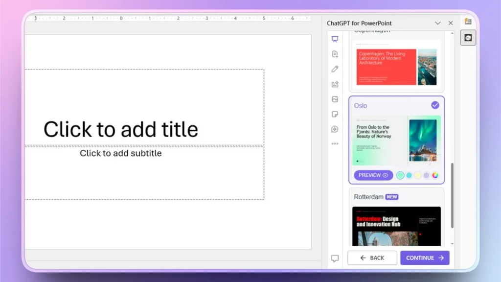 Screenshot of a PowerPoint slide editor with a sidebar showing ChatGPT for PowerPoint template options.