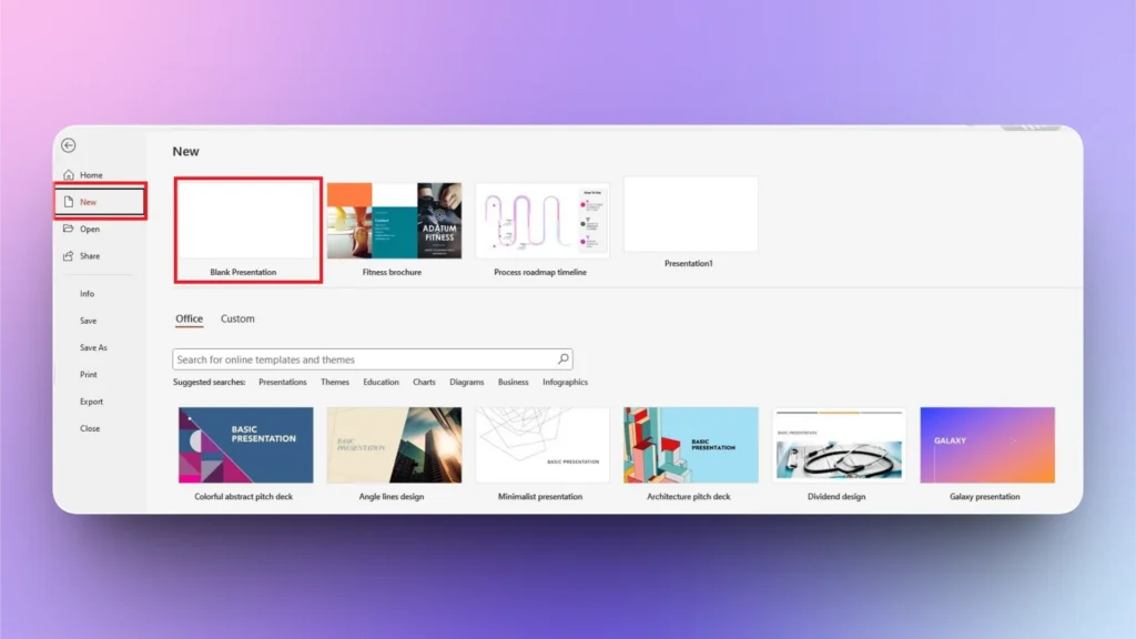 Screenshot of a presentation software interface displaying the "New" tab with template options including "Blank Presentation" highlighted.