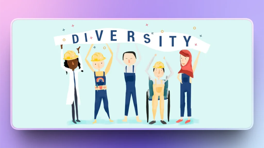 Illustration of diverse workers holding a banner with the word "DIVERSITY" against a light blue background.