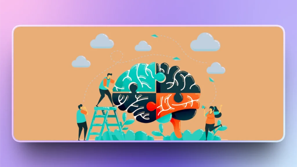 Illustration of people assembling a multicolored brain puzzle with clouds and paper planes.