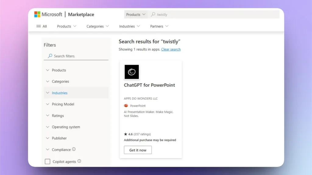 Screenshot of Microsoft Marketplace showing search results for "twistly" with one app titled ChatGPT for PowerPoint.