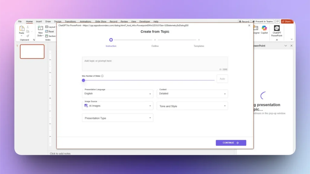 Screenshot of a PowerPoint window displaying a ChatGPT for PowerPoint "Create from Topic" interface with language, content, and slide options.
