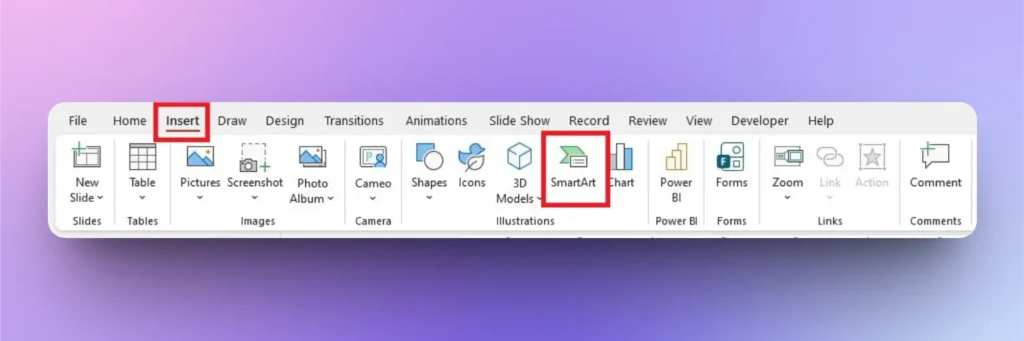 Microsoft PowerPoint Insert tab toolbar with SmartArt option highlighted.