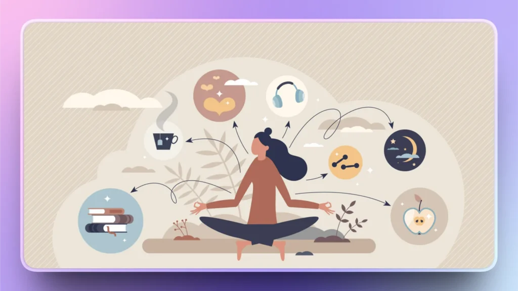 Illustration of a woman meditating with icons representing self-care activities surrounding her.