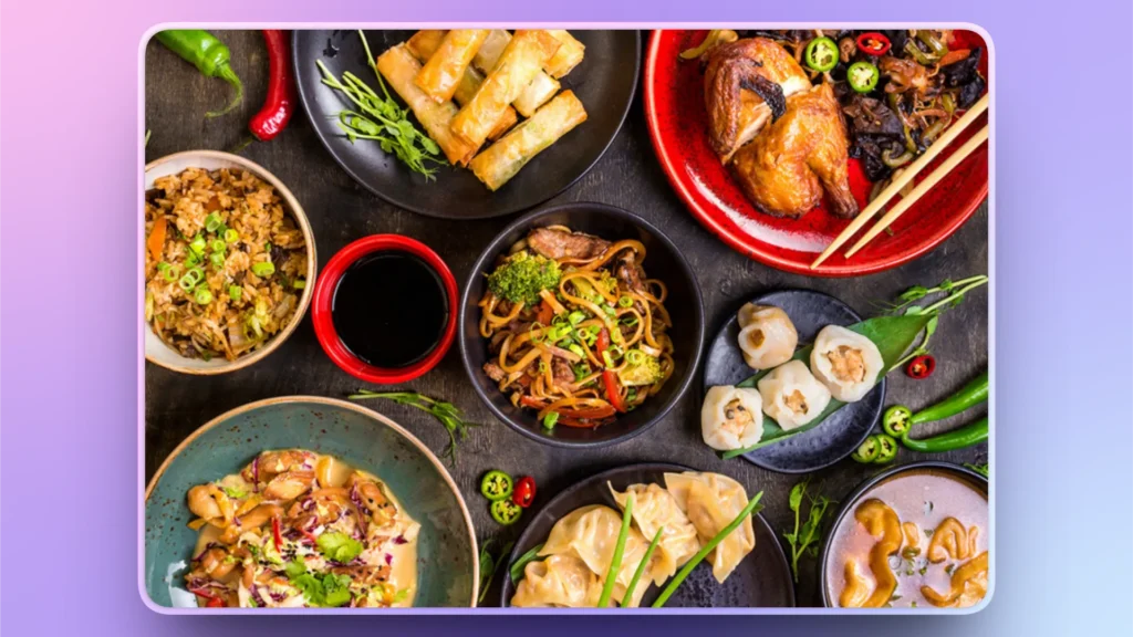 Assorted Asian dishes including spring rolls, fried rice, noodles, dumplings, and roasted chicken on dark plates.