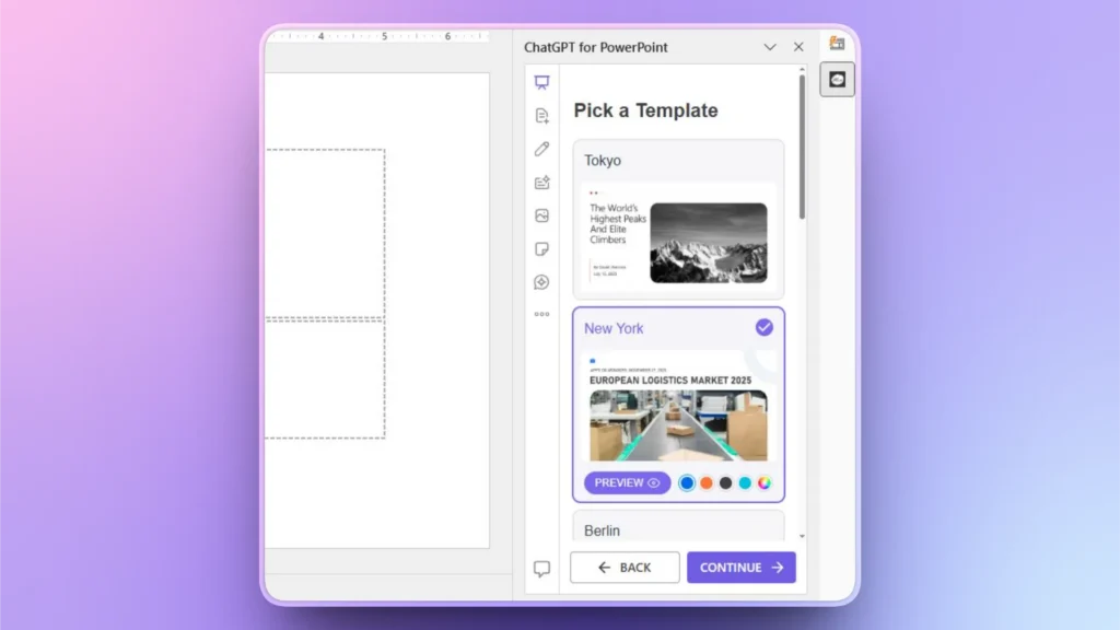 PowerPoint interface displaying ChatGPT add-in with template options for Tokyo, New York, and Berlin.