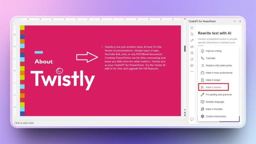 Screenshot of a PowerPoint slide titled "About Twistly" with a ChatGPT for PowerPoint sidebar displaying AI text rewriting options.