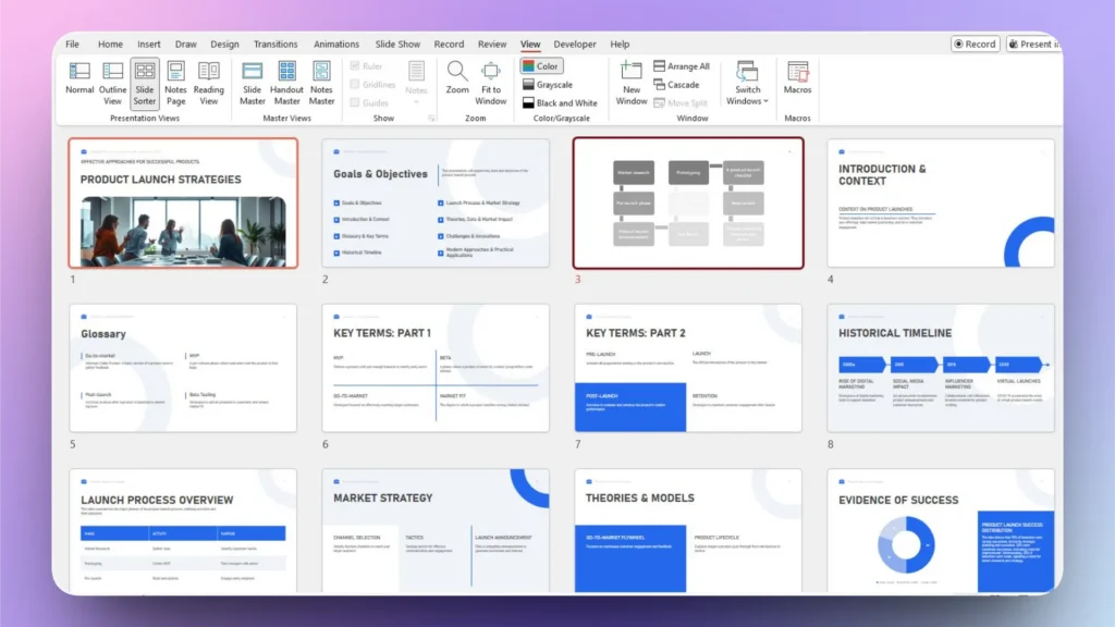 PowerPoint slide sorter view showing a presentation on product launch strategies with 12 slides displayed.