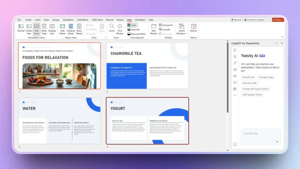 Screenshot of a PowerPoint presentation on relaxation foods with ChatGPT for PowerPoint sidebar.