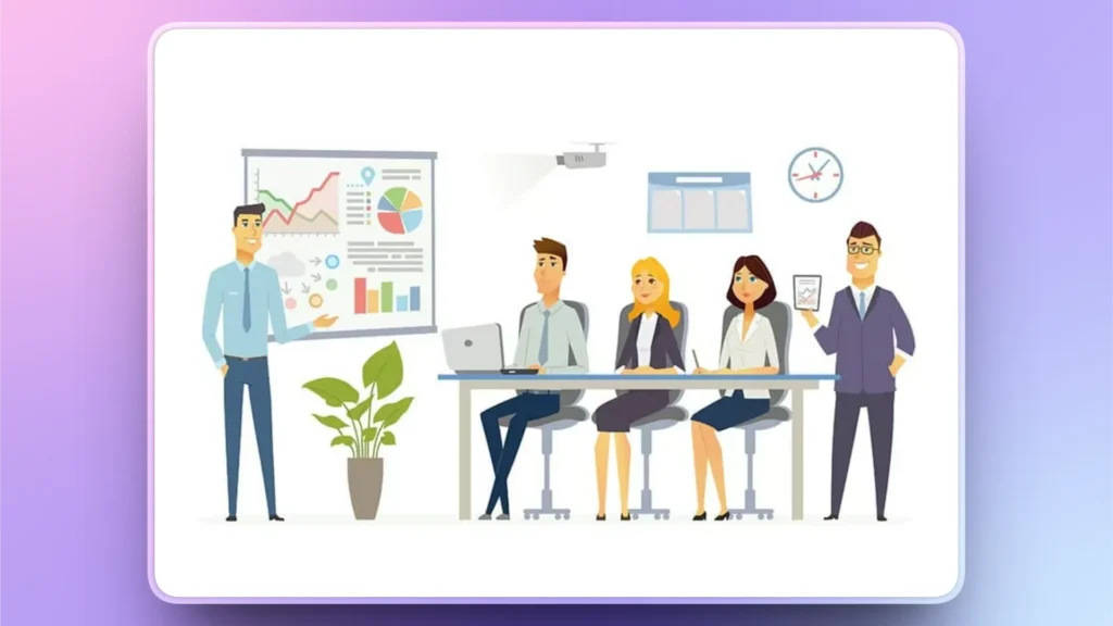 Illustration of a business meeting with four professionals, charts, and a projector.