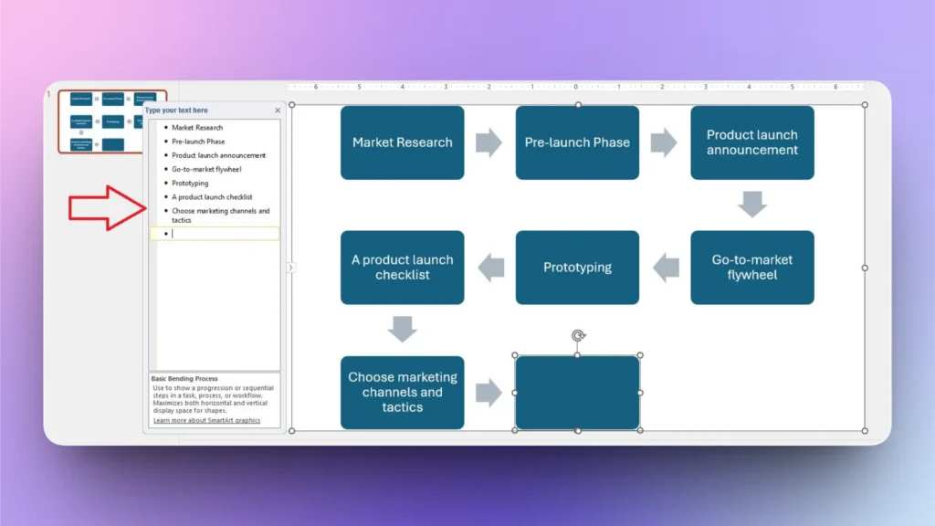 Diagram of a product launch process flowchart with blue rectangular steps and gray arrows on a white background.
