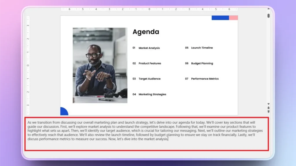 Tablet screen displaying a professional agenda slide with a man speaking and detailed discussion notes.