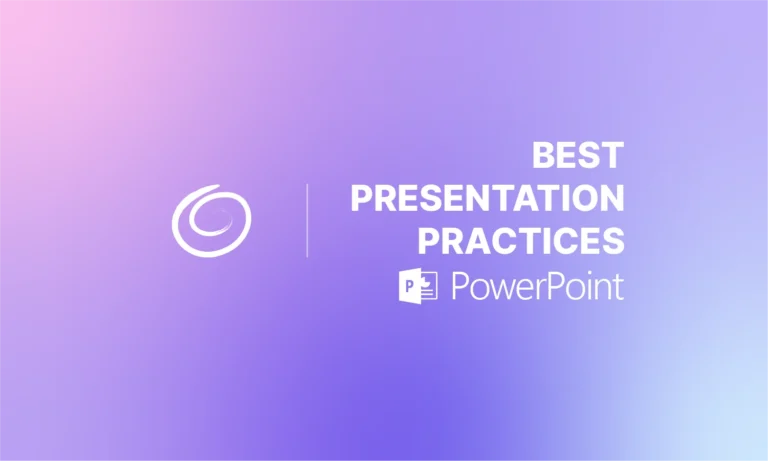 Gradient purple background with white swirl logo and text "Best Presentation Practices PowerPoint