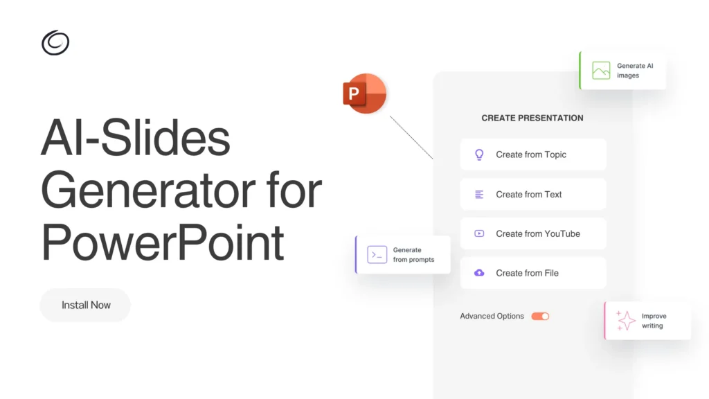 Interface of AI-Slides Generator for PowerPoint with options to create presentations from topic, text, YouTube, or file.