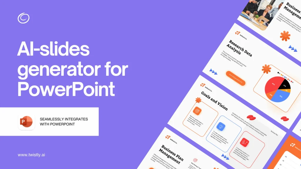 Purple promotional slide with white text "AI-slides generator for PowerPoint" and sample presentation slides on business topics.