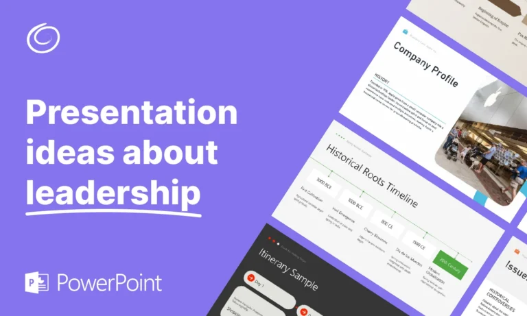 Purple slide featuring the text "Presentation ideas about leadership" and sample PowerPoint slides.