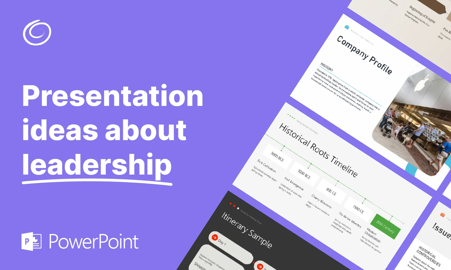 Purple slide featuring the text "Presentation ideas about leadership" and sample PowerPoint slides.