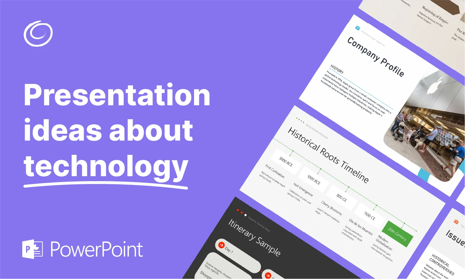 Purple background with white text reading "Presentation ideas about technology" and angled screenshots of technology-related presentation slides.