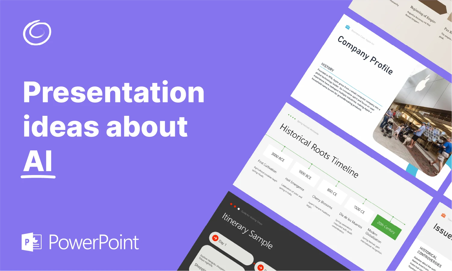 PowerPoint slide with "Presentation ideas about AI" text and sample company profile, timeline, and itinerary slides.