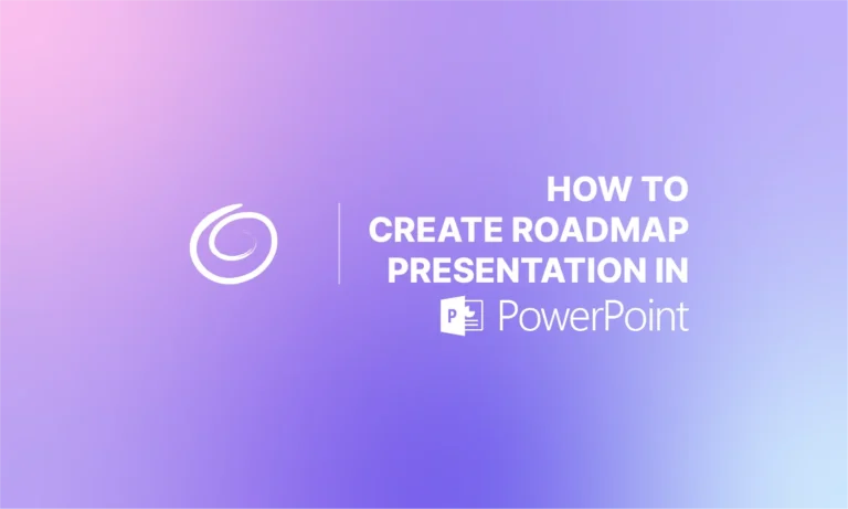 Gradient background with text "How to create roadmap presentation in PowerPoint" and PowerPoint icon.