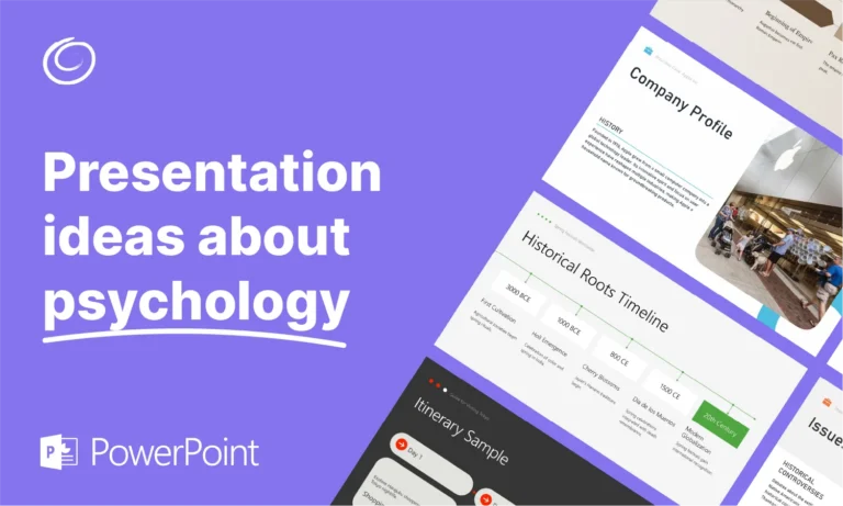 Purple background with white text "Presentation ideas about psychology" and partial screenshots of presentation slides.