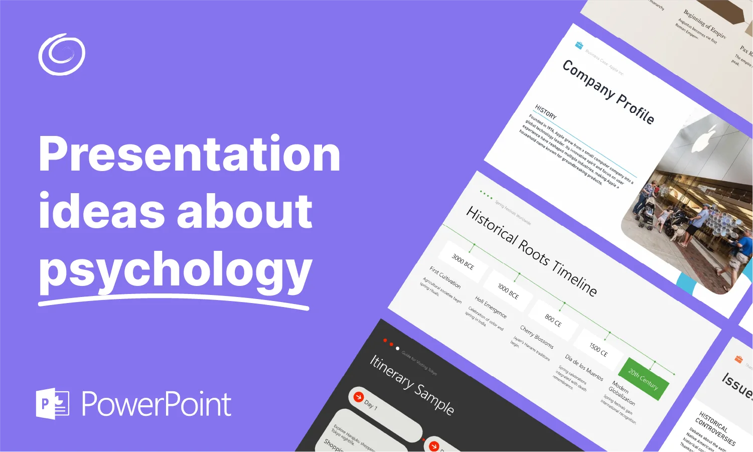 Purple background with white text "Presentation ideas about psychology" and partial screenshots of presentation slides.