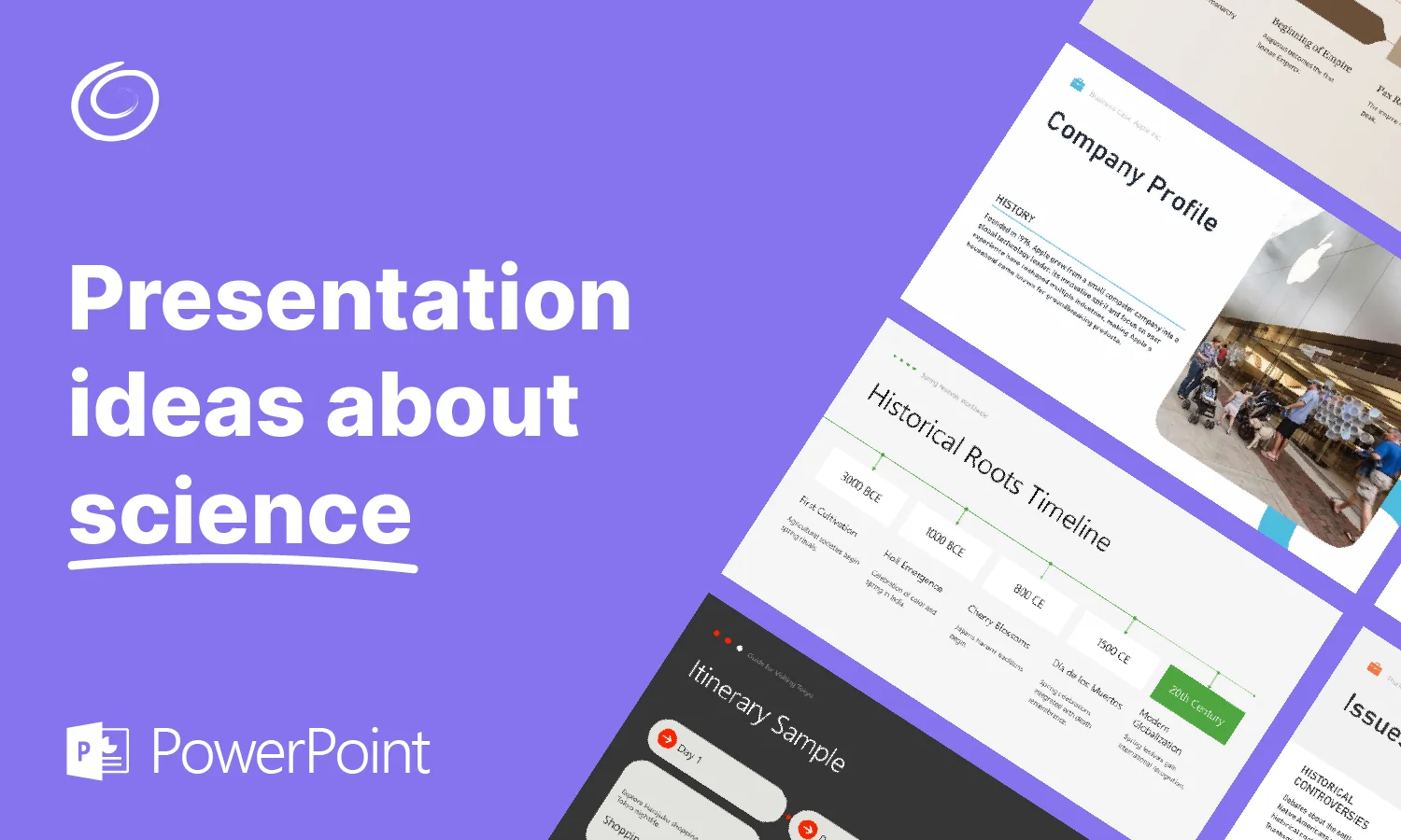 Purple background with white text reading "Presentation ideas about science" and angled PowerPoint slides.