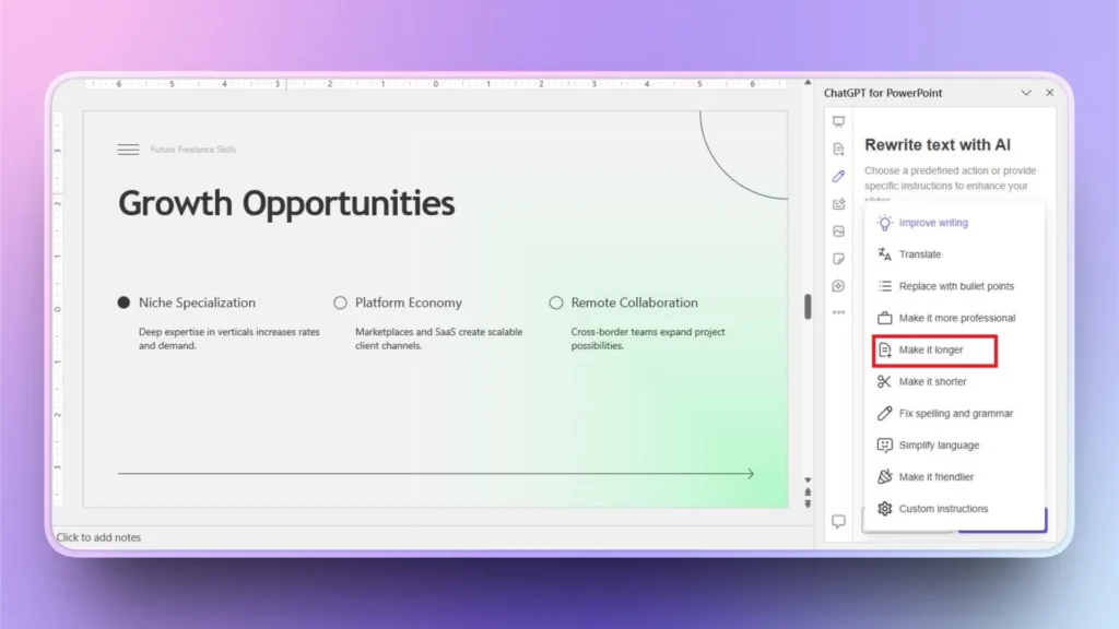 PowerPoint slide titled "Growth Opportunities" with AI rewriting options panel on right.