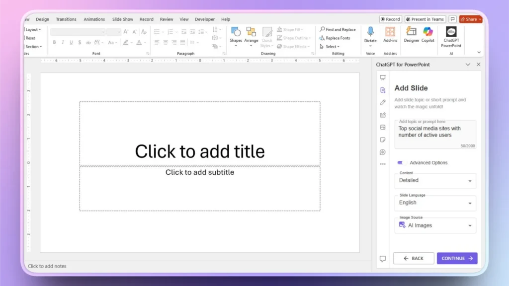 Screenshot of Microsoft PowerPoint interface with ChatGPT for PowerPoint sidebar open, showing slide creation options.