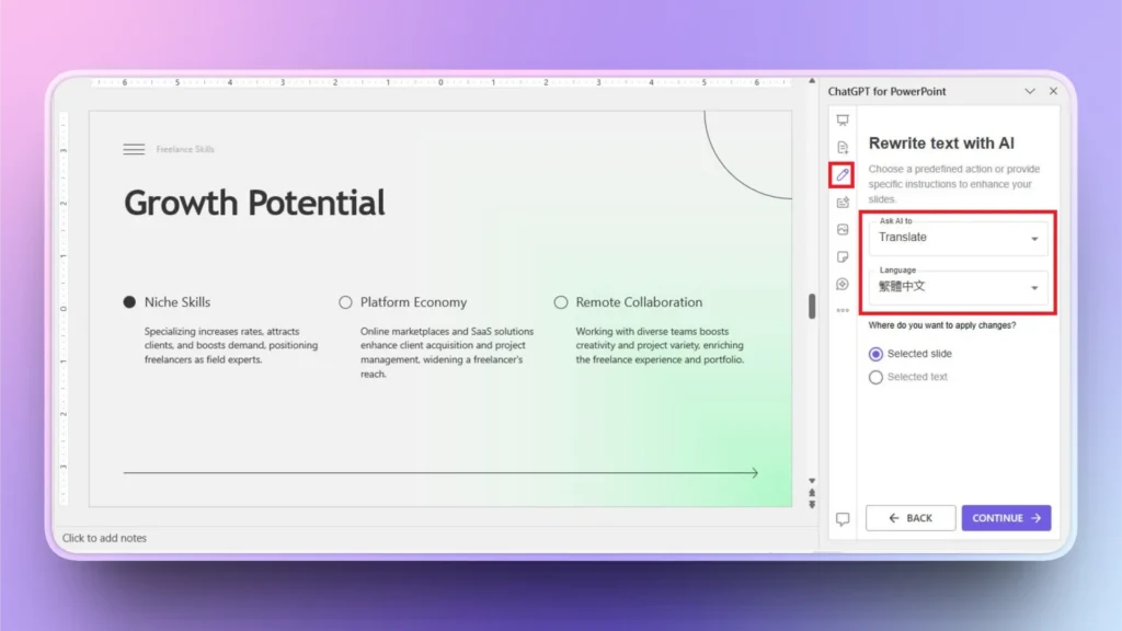 Screenshot of a PowerPoint slide titled "Growth Potential" with an AI sidebar for text translation settings.