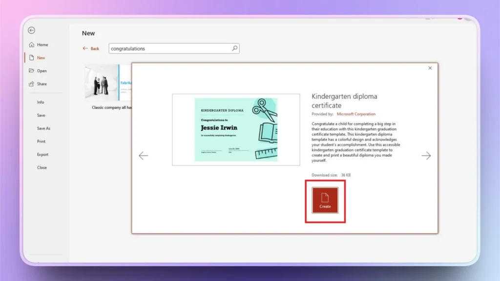 Screenshot of a software interface displaying a kindergarten diploma certificate template with a "Create" button highlighted.